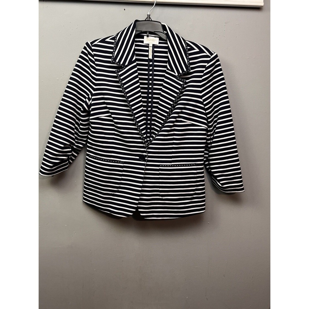 Laundry Shelli‎ Segal Blazer Womens 6 Navy White Striped 3/4 Sleeve Knit Jacket